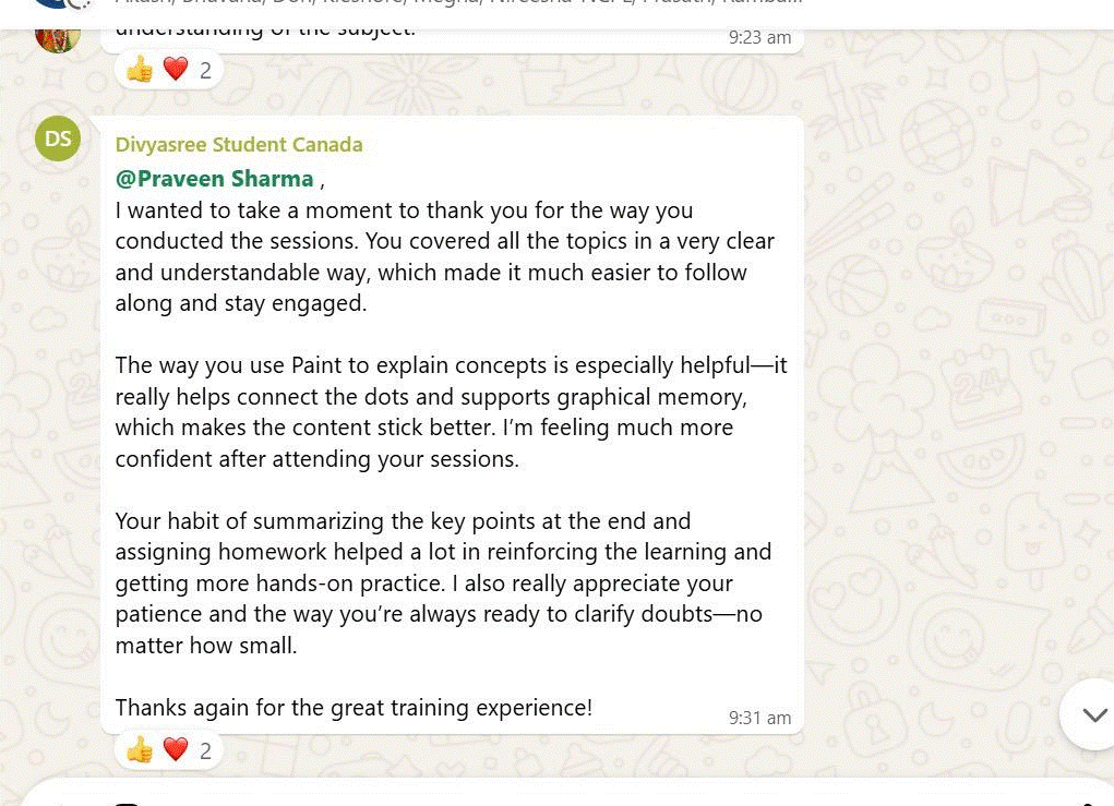 Student feedback from Divyasree